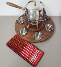 VTG Stainless Steel Fondue Set with Wood Stand and Forks Made in Japan