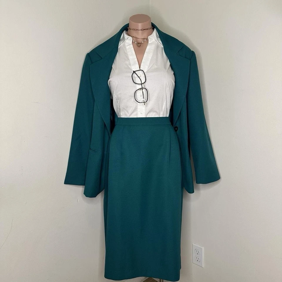 Traje Falda de Trabajo Vintage Azul Verde Talla Grande Talla 16W Foto 2 de 4