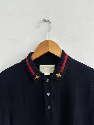 AUTHENTIC Gucci Bee Embroidered Collar Navy Polo Shirt Made in