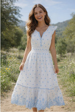 Rachel Zoe White Blue Embroidered Midi Dress US 2 Resort Boho Cottagecore