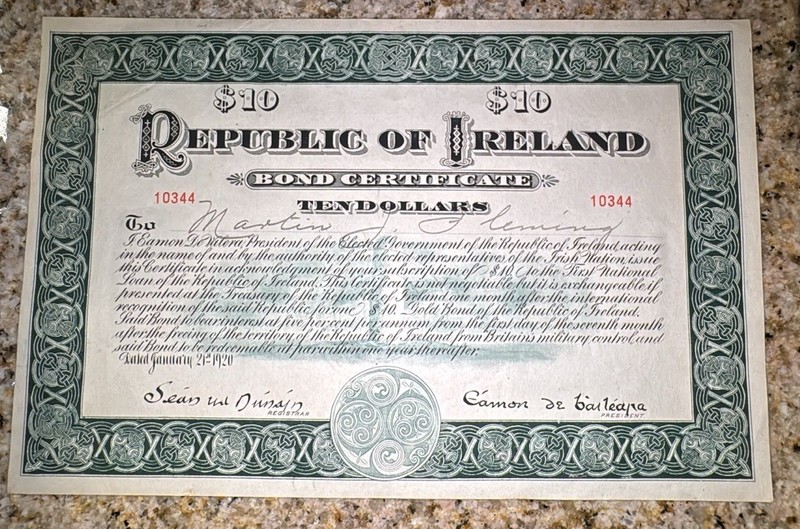 Antique Republic of Ireland $10 January 1920 Bond w/Eamon de Valera President