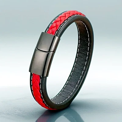 Bracelet WseSto pour homme cuir acier inoxydable fermeture magnétique rouge b... - Photo 1/4