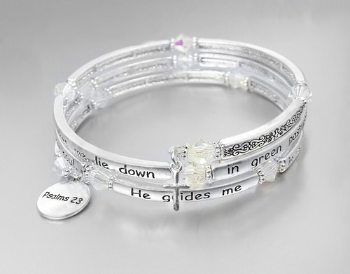 Inspirational Silver Twist Wrap PSALMS 23 Scripture Crystals Charms Bracelet - Picture 4 of 4