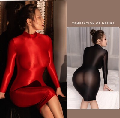 Women's Wet Look Satin Bodycon Long Sleeve Cocktail Tight Dress Shiny  Clubwear