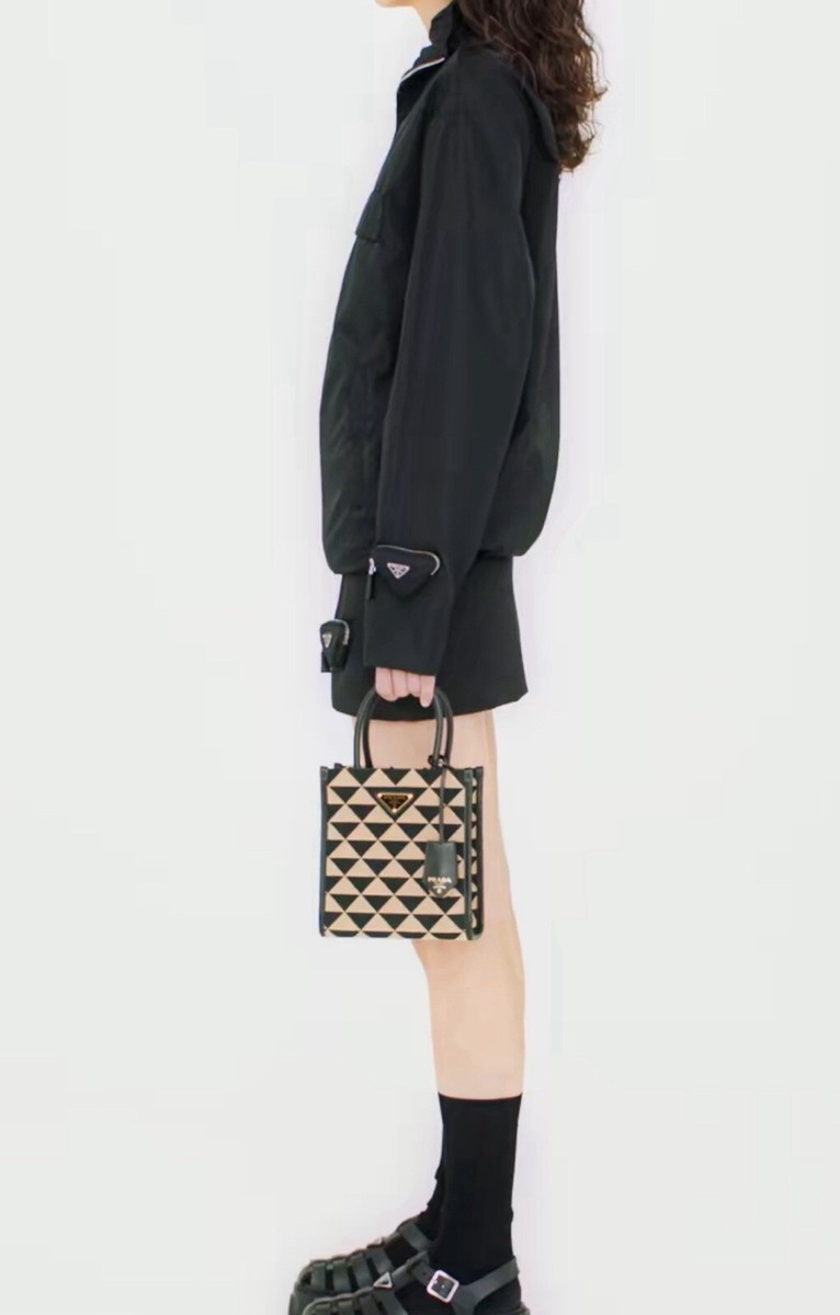 Prada Symbole Black Beige Embroidered Fabric Mini Jacquard Prada Symbole Black Beige Embroidered Fabric Mini Jacquard