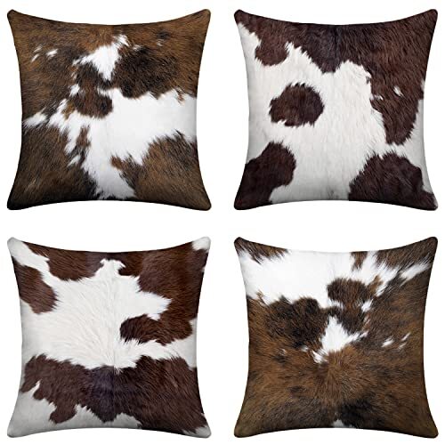 Set Of 4 Cowhide Print Throw Pillow Covers – 18x18 Inches, LHAIFA Accent Cushion Cases
