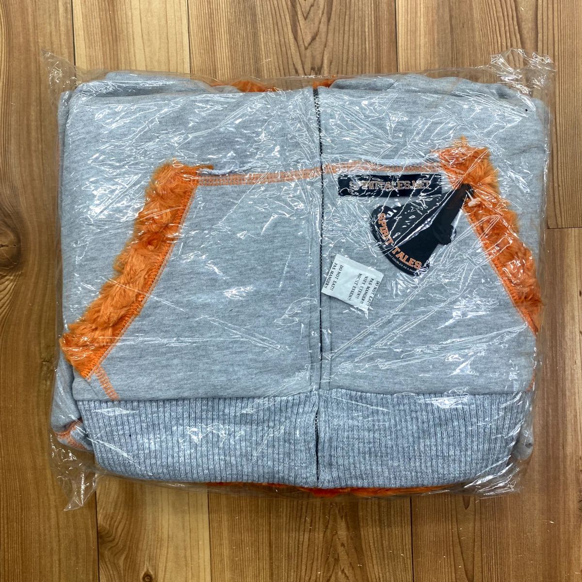 DEADSTOCK SpiritTales Gray Full Zip Orange Faux Fur Hoodie Sweatshirt Adult L