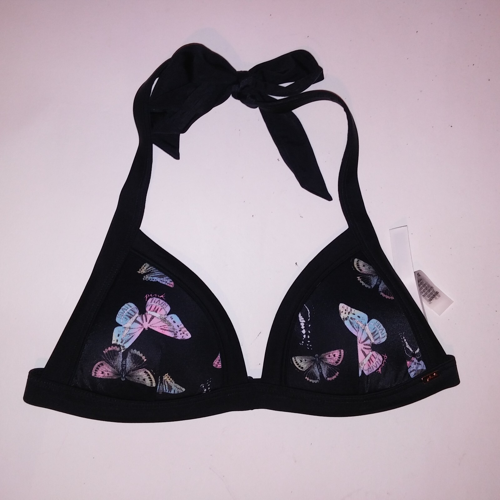 Victoria Secret PINK Swim Bikini Top XS Black Butterfly Padded Triangle Halter