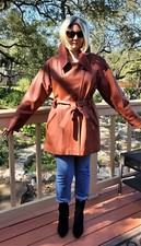 Vtg Womens Genuine Leather Jacket Short Trench Coat Wide Lapel Retro Szm/l Spain