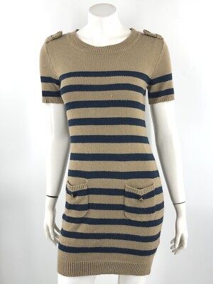Belle du Jour Juniors Sweater Dress Size Large Tan Navy Blue Striped  Pockets | eBay