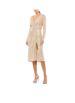 Mac Duggal Women Rose Gold Sequin Long Sleeve V-Neck Faux Wrap Sheath Midi  Dress | eBay