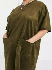 Asos Design Oversized Suedette T-shirt Dress With Pocket Detail In Khaki US 4   