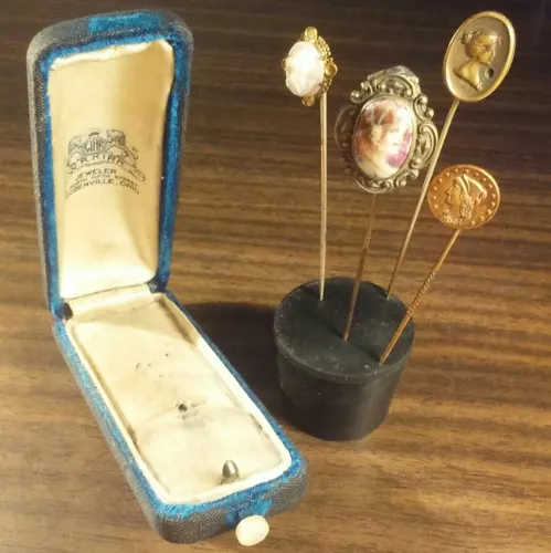 FOUR CAMEO Stick Pins + Box. Gibson Girl Pioneer gold plated coin/charm/exonumia