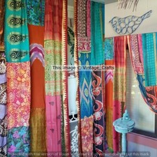 2 Pcs Indian Sari Patchwork Curtain Drape Window Decor Multi Silk Sari Curtain