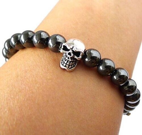 SKULL SKELETON CLAW BONE 925 STERLING SILVER HEMATITE BRACELET 9" - Picture 2 of 4