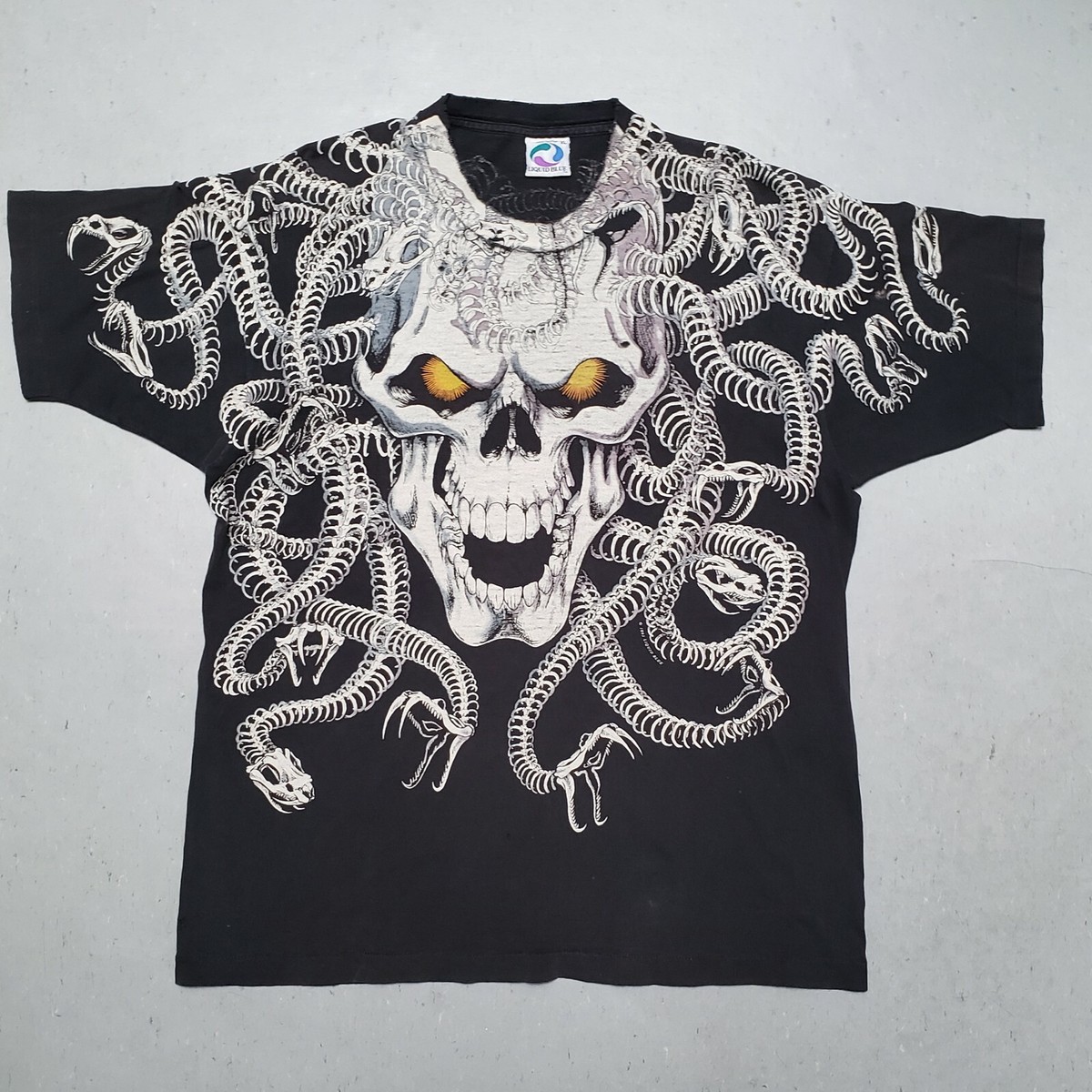 Vtg 90s LIQUID BLUE MEDUSA SKULL SNAKES 1993 ALL OVER PRINT
