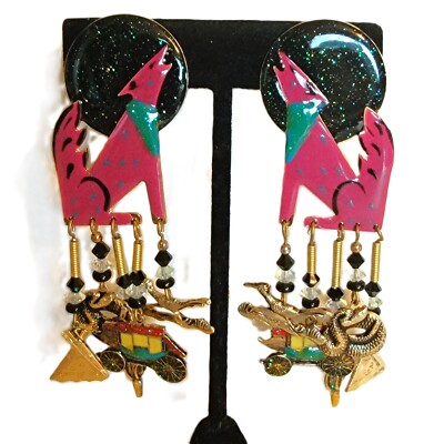 80s Clip Earrings, Moulin Rouge. Enamel Coyote & Moon. Southwest Charms. Vintage