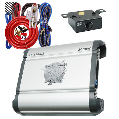 Soundxtrem ST-1500.2 3000 Watt Power Amp 1/2/4 Ohm Car Amp W/ Bass Knob + KIT