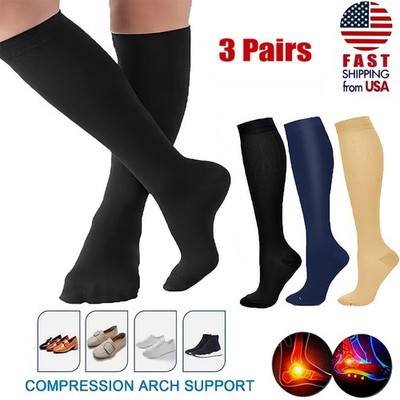 (3 Pairs) Copper Compression Socks 20-30mmHg Graduated Support Mens Womens S-XL