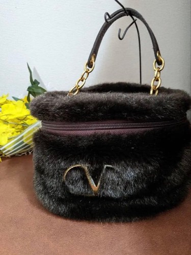 VALENTINO GARAVANI  SPORT Fur Vanity Bag Women Brown Leather Gold Chain