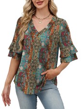 Womens Boho 3/4 Sleeve Blouses V Neck Tiered Bell Sleeve Dressy Casual Tops Tees