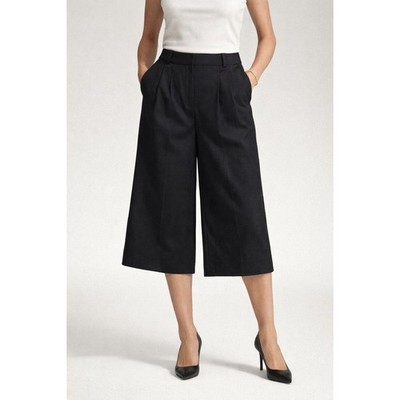 Massimo Dutti Culottes Women 10 Black Wool Pleated Wide Leg Cropped Trousers NEW