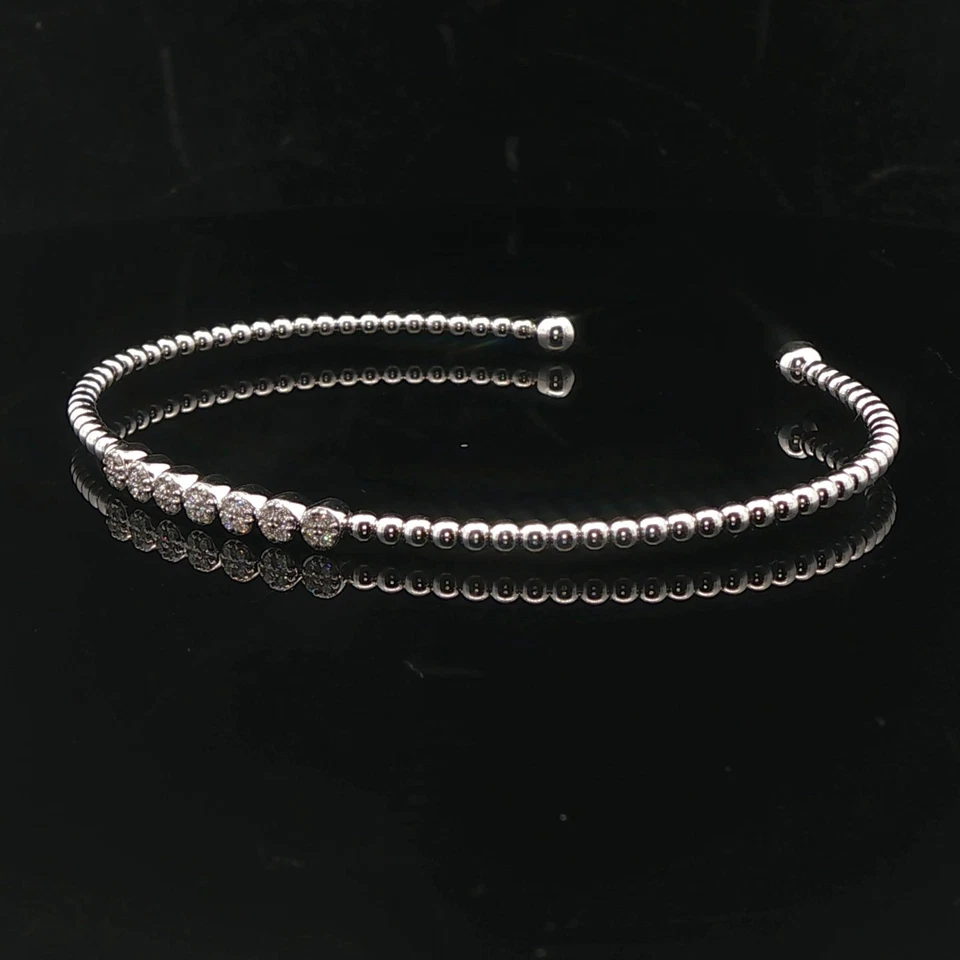 14k White Gold and Diamond Beaded Ball Flex Cuff Bracelet 6.75" - Image 4 of 4