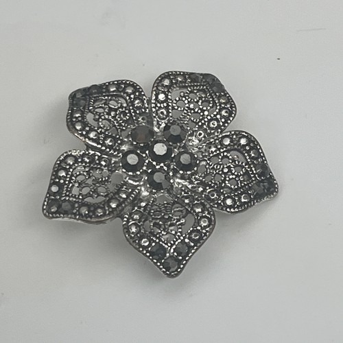 Spilla spilla vintage tono argento - ART DECO marcasite pavè fiore aperto-lavoro - Foto 7 di 7