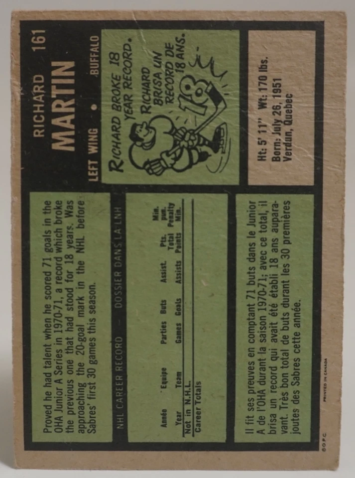 1971-72 OPC HOCKEY #161 RICK MARTIN RC- RAW CARD - Image 2 of 2