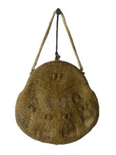 Vintage Glass Beaded Gold Handbag Clutch Purse Evening Kiss Lock Satin Lined