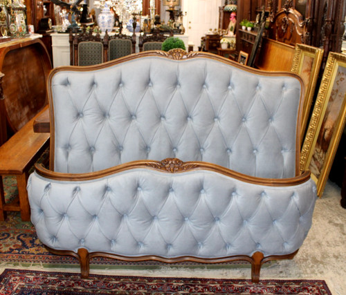 Antique French Louis XV Oak Full Size Bed  New Upholstered / Icy Blue