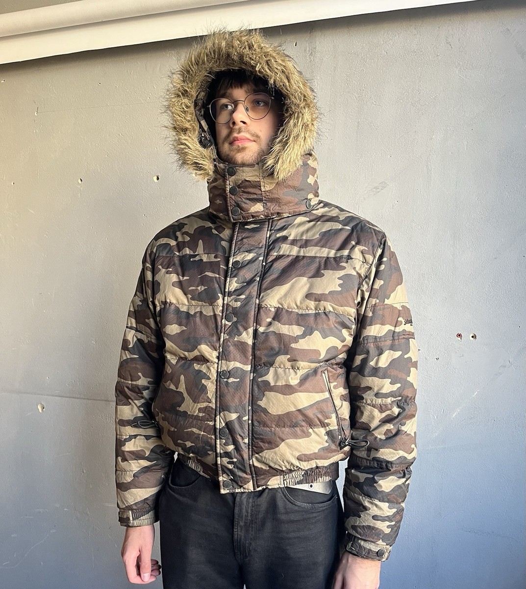 Vintage Schott Down Camo Faux Fur Bomber Jacket Men's Y2K Size M