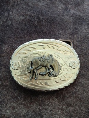 Vintage Western Belt Buckle Two-Tone Horse Bucking Bronco Riderless 3x2'' Floral