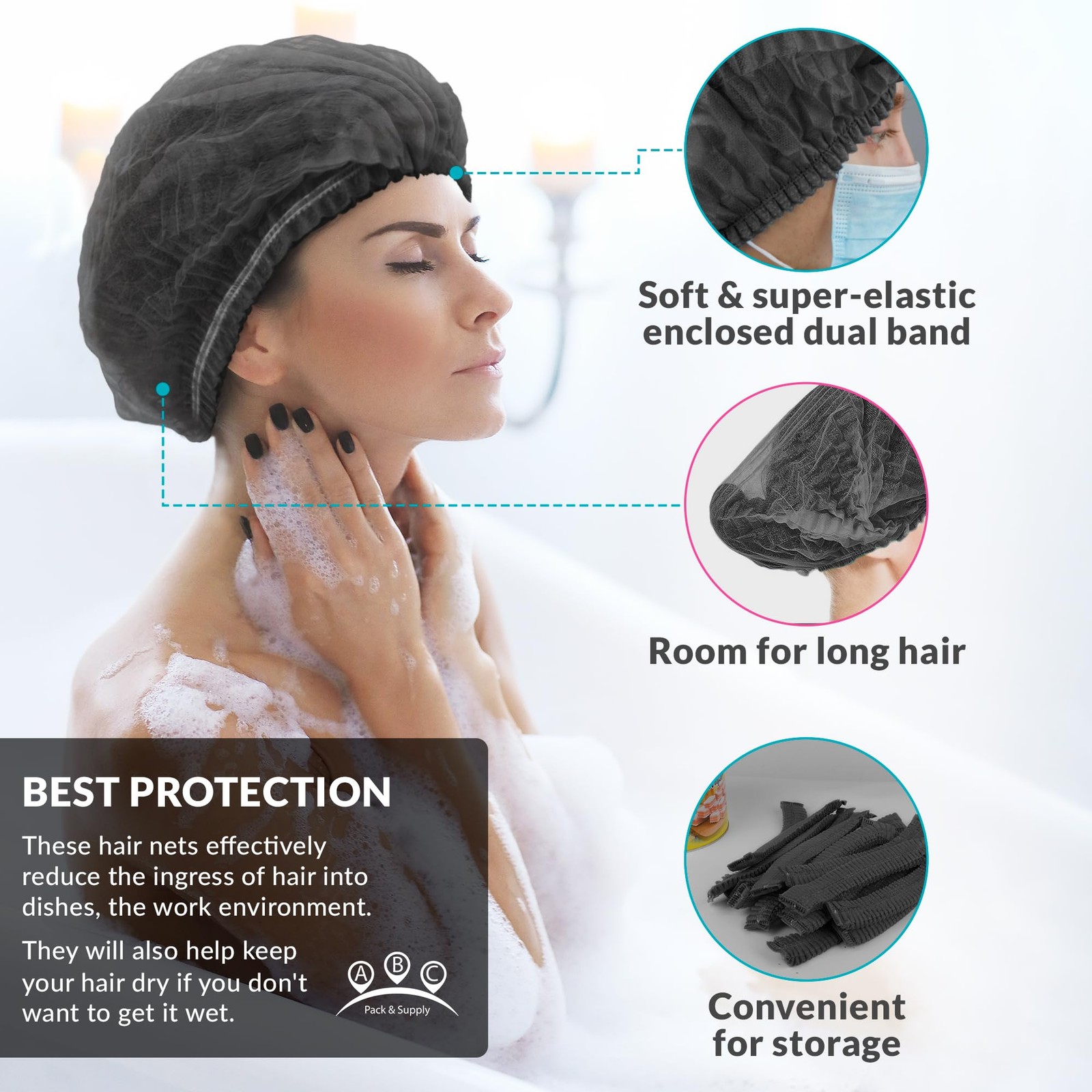 Black Disposable Polypropylene Bouffant Caps 21 Inches - Pack of 100 - Unisex...