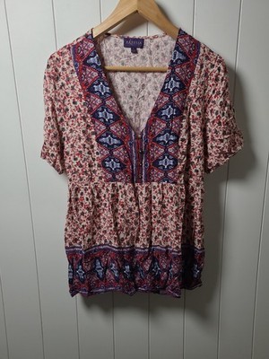 Artesia Boho Floral Peasant Shirt Top Womens Size Large Baby Doll Artsy