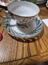 VTG 1950s Japanese Lusterware 3-Footed Teacup and Reticulated Saucer Iridescent 