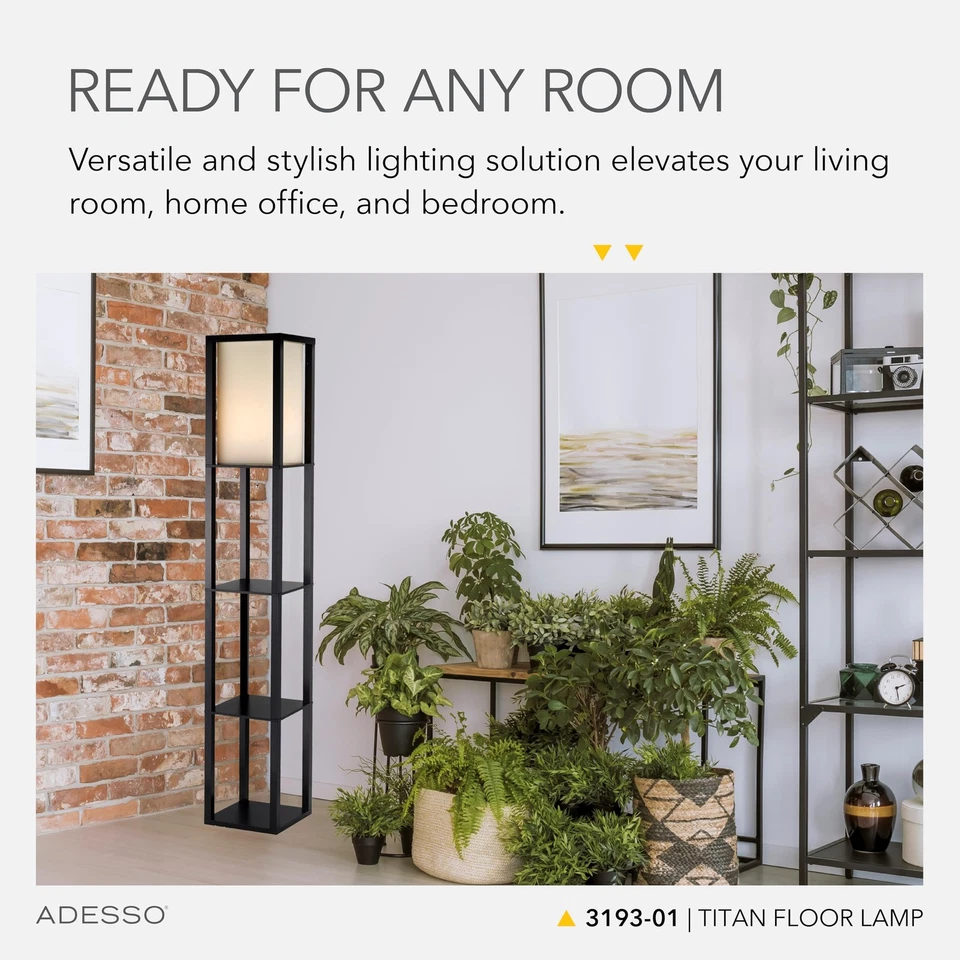 Abajur de assoalho quadrado com prateleiras abertas de 3 níveis, base preta, abajur de tecido, 72” T x... - Imagem 3 de 4