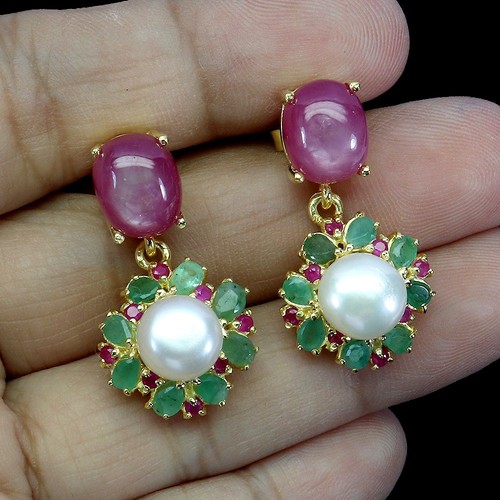 Summer 925 Silver Earrings Oval Ruby 10x8mm Emerald Pearl Gemstone Jewelry - Picture 2 of 14
