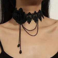 Gothic Black Lace Choker with rose Chain Drop Vintage Victorian Style
