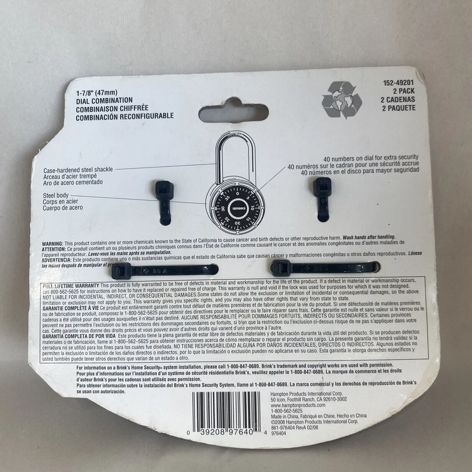 Brinks Combination Lock (2 pack) Black 152-49201 School Gym Locker - Image 3 of 3
