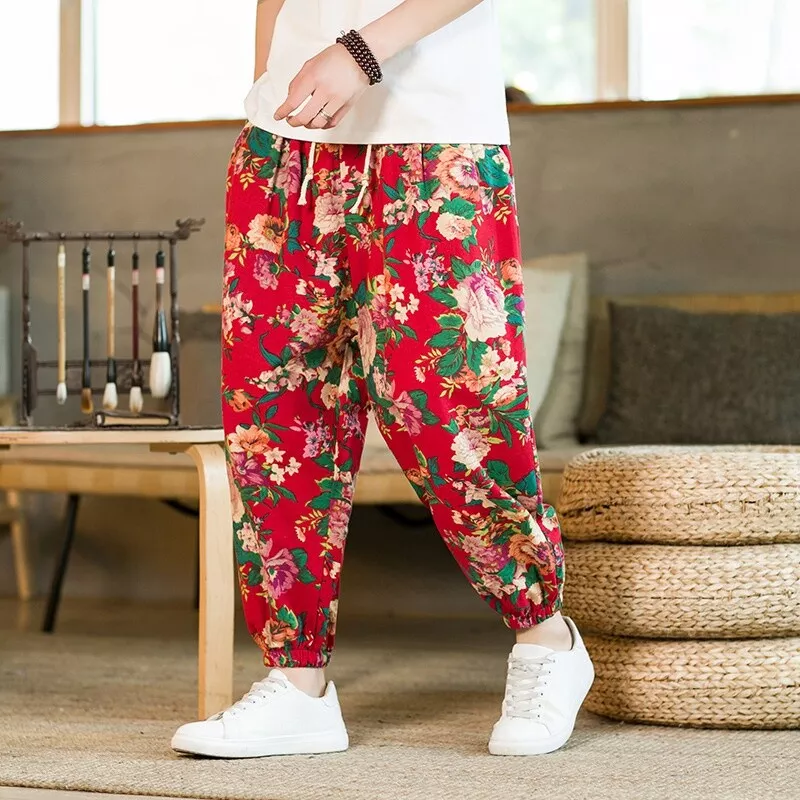 spade Exert volatilitet Men Floral Print Drawstring Elastic Waisted Trousers Chinese Casual Pants |  eBay