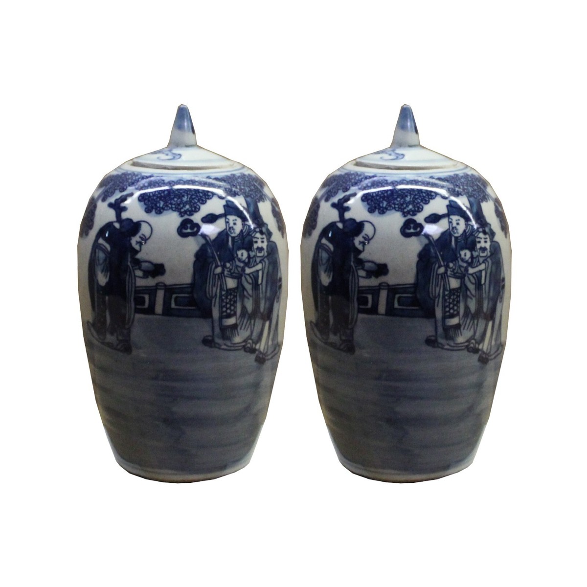Lot of 2 Blue White Small Oriental Graphic Porcelain Point Lid Jars ws108S Lot of 2 Blue White Small Oriental Graphic Porcelain Point Lid Jars ws108S
