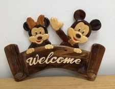 VINTAGE Disney MICKEY MINNIE MOUSE Welcome Wood Intarsia Marquetry Art Decor