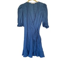 Reformation Size XS 100% Linen Puff Sleeve Carmelo Wrap Mini Dress in Blue Azul