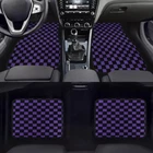 4PCS UNIVERSAL CHECKERED PURPLE Racing Fabric Car Floor Mats Interior Carpets
