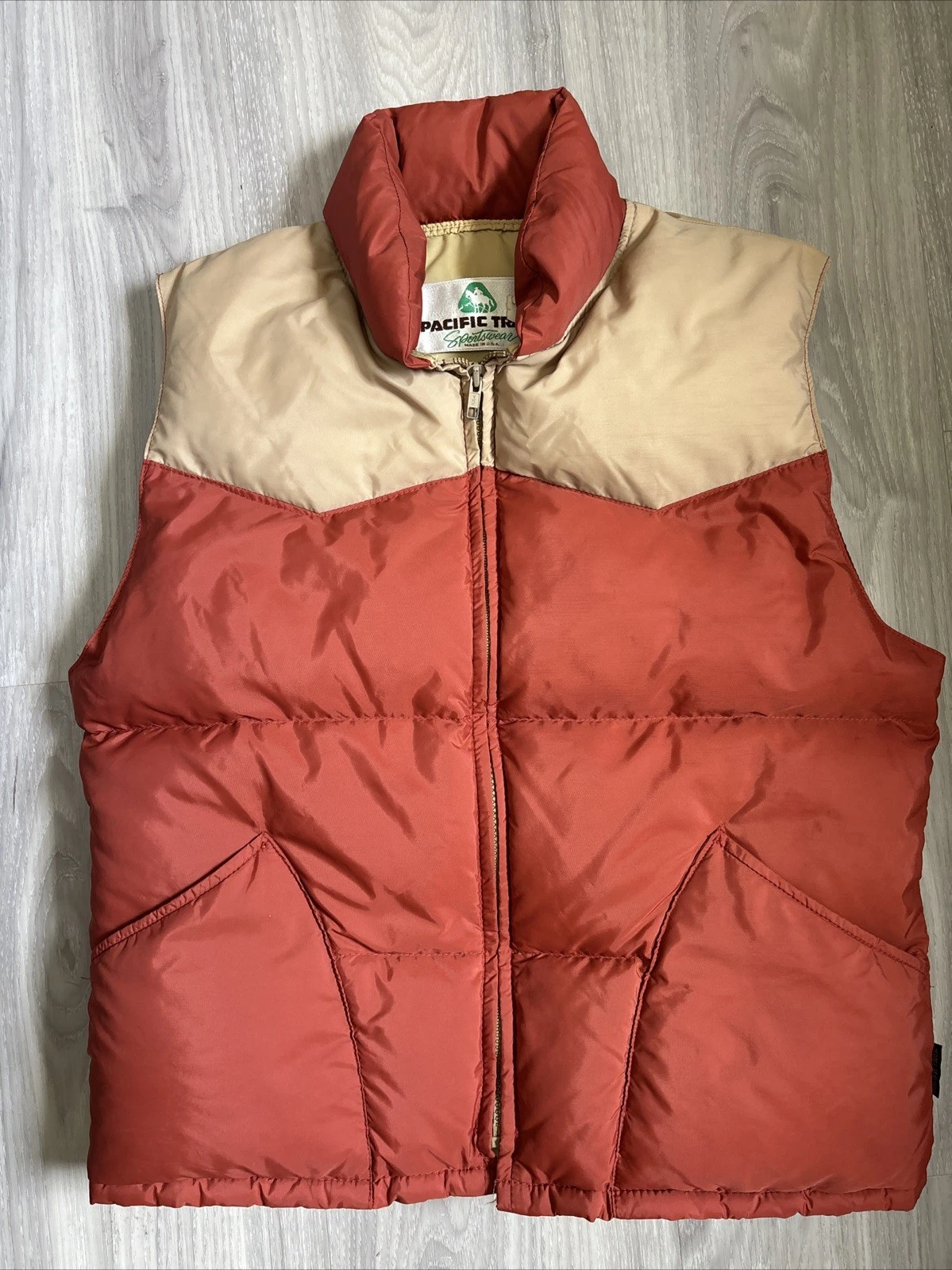 VTG 70s Pacific Trail Sportswear Down Puffer Vest Orange Tan Size L USA western