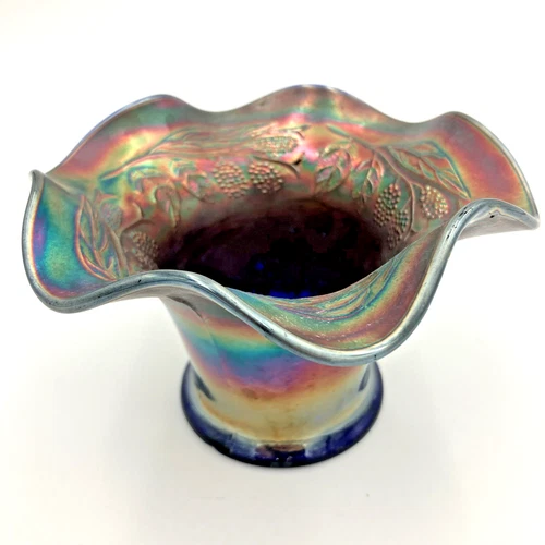 Fenton Blue BlackBerry Spray Ruffled Carnival Glass Hat Vase - READ