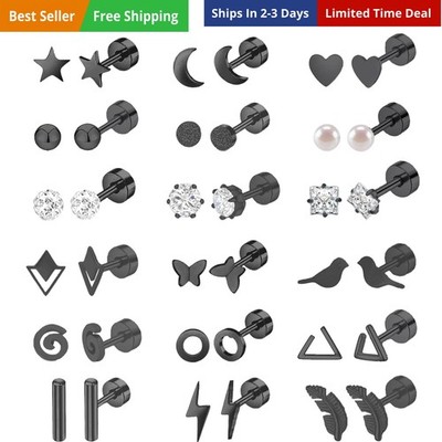 18 Pairs Women s Hypoallergenic Flat Back Stud Earrings, 20g Stainless Steel ...