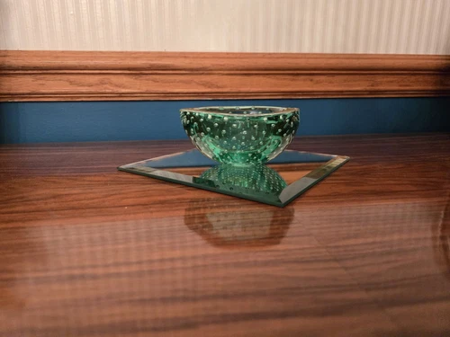 GORGEOUS! MCM Bullicante Green Controlled Bubble Murano Glass Bowl