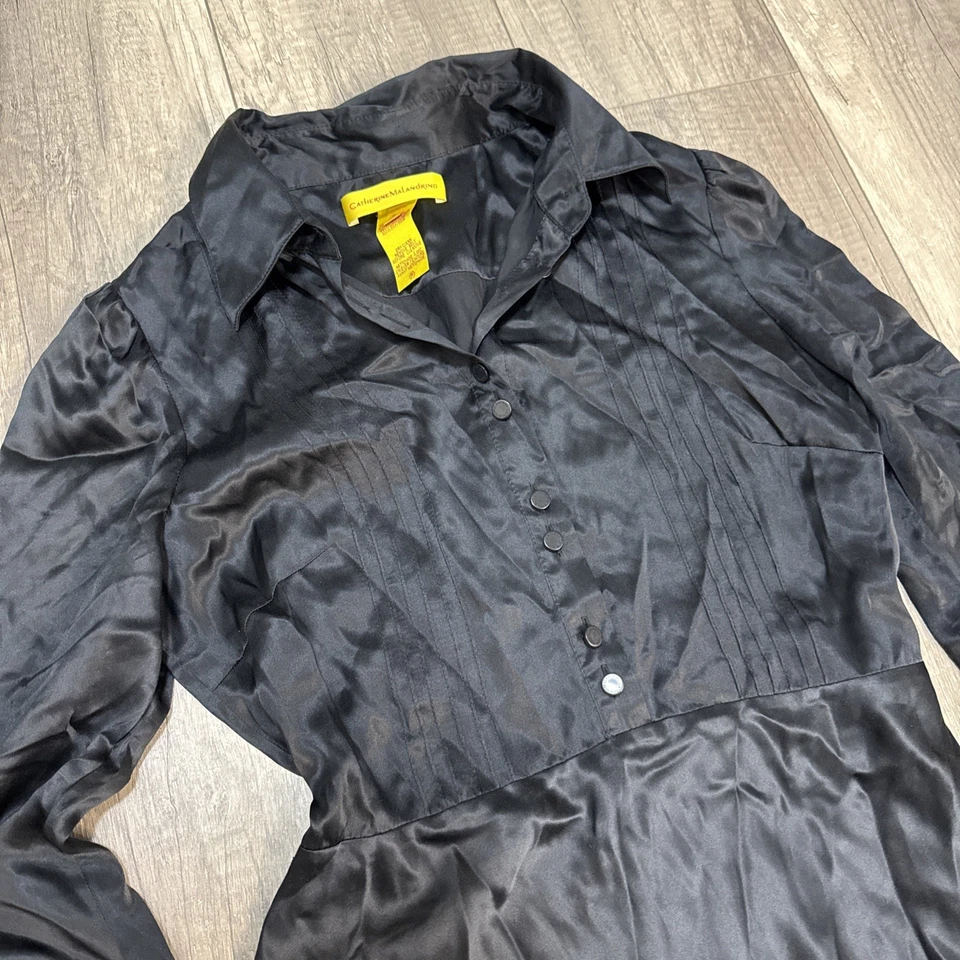 Catherine Malandrino 女式丝绸长袖纽扣连衣裙黑色 8 码 — 第 3/4 张图片